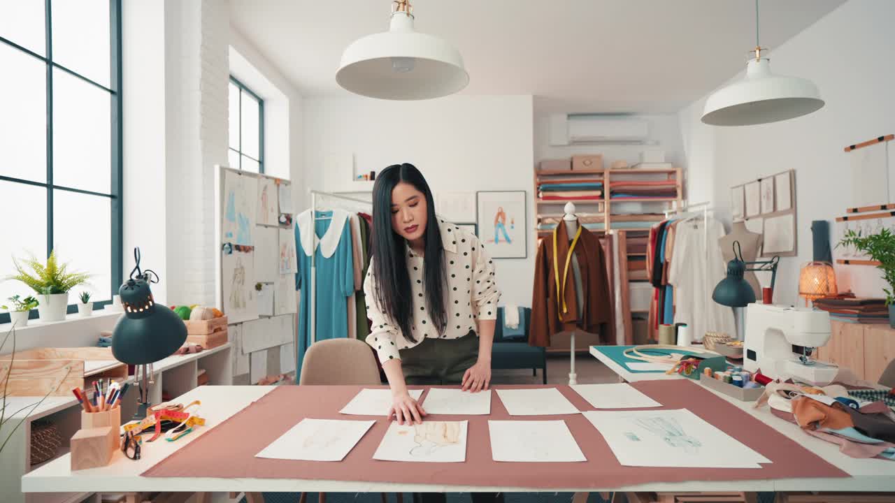 女设计师在时装工作室规划服装线。视频下载