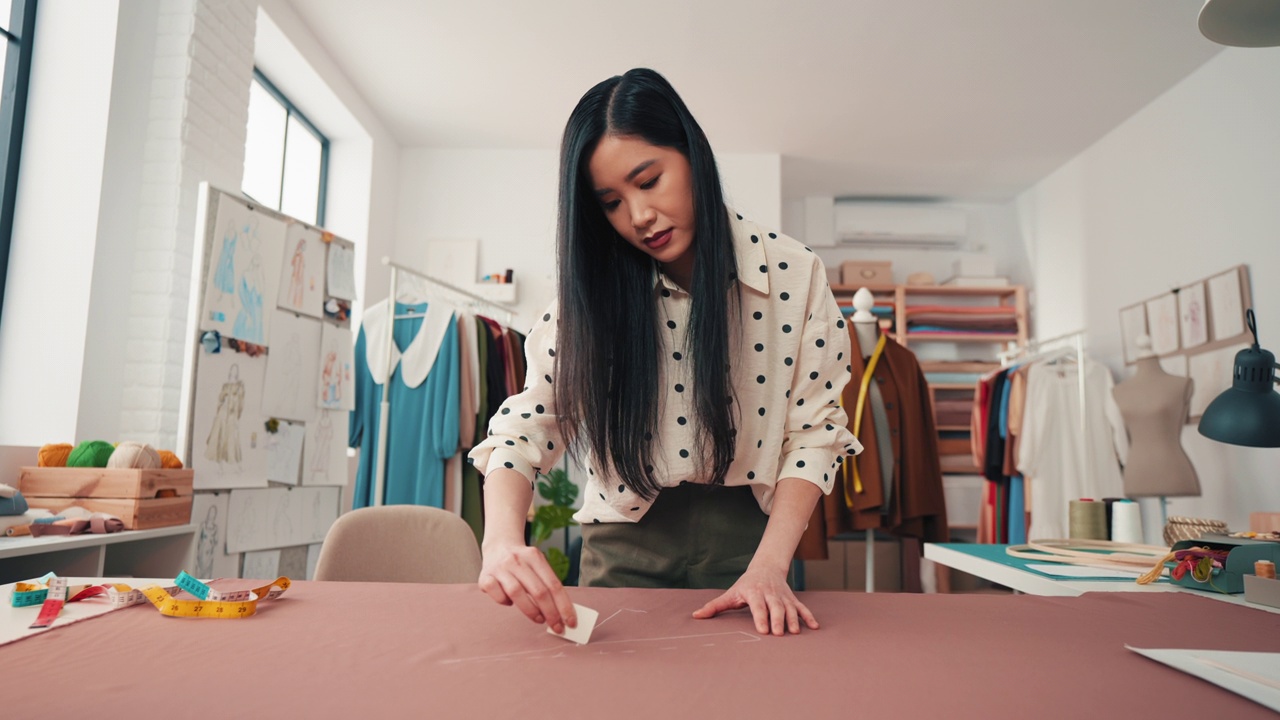 女裁缝对纺织品设计和服装制作充满信心。视频下载
