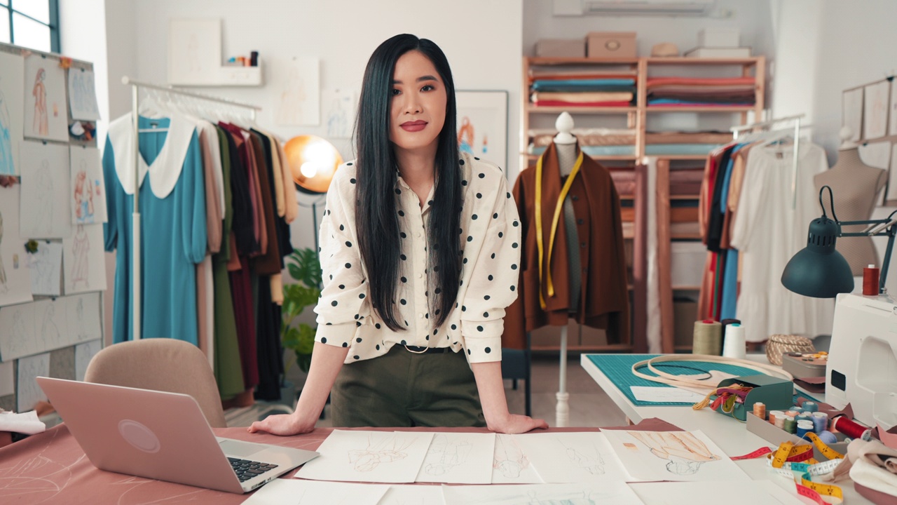 一个在服装工作室工作的自信女企业家的肖像。视频下载