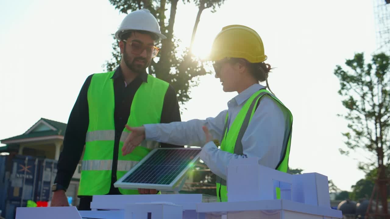 团队年轻工程师或建筑师在施工现场开会并规划安装太阳能电池板，工程师与合作伙伴就安装太阳能电池，行业概念进行交谈和讨论。视频下载