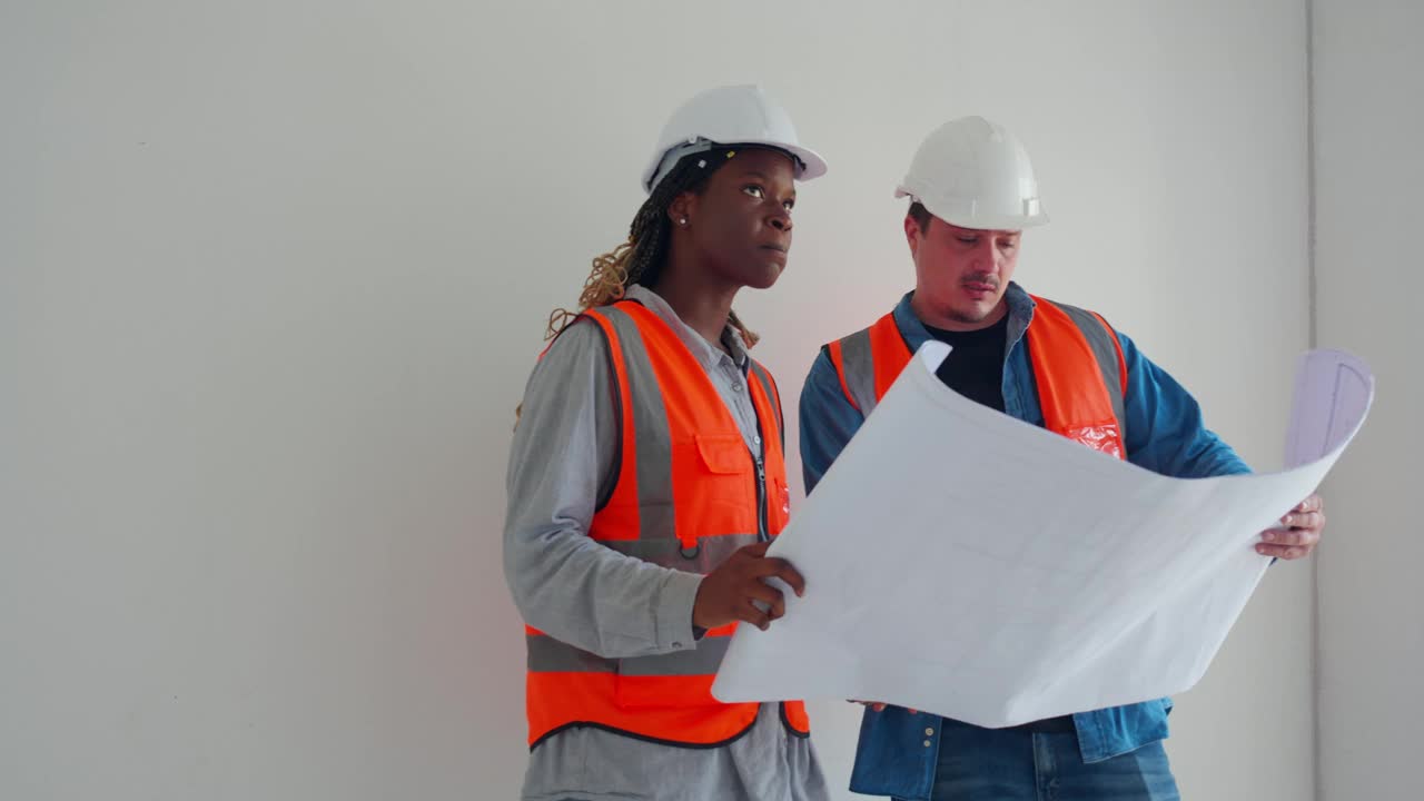 戴安全帽的建筑师或工程师在施工现场查看检查和规划施工图纸，承包商或建筑商检查和检查项目开发房屋。视频下载