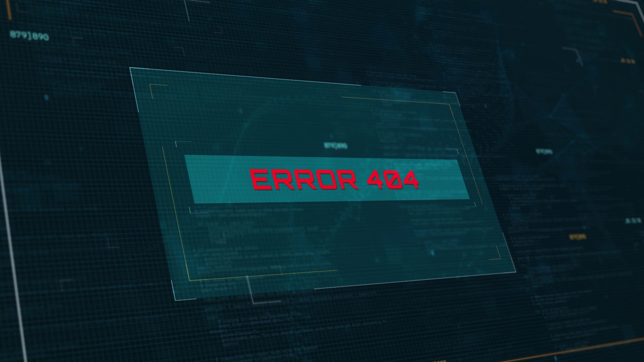 错误404警告:未来加载屏幕动画与计算机代码背景的网络安全视频素材