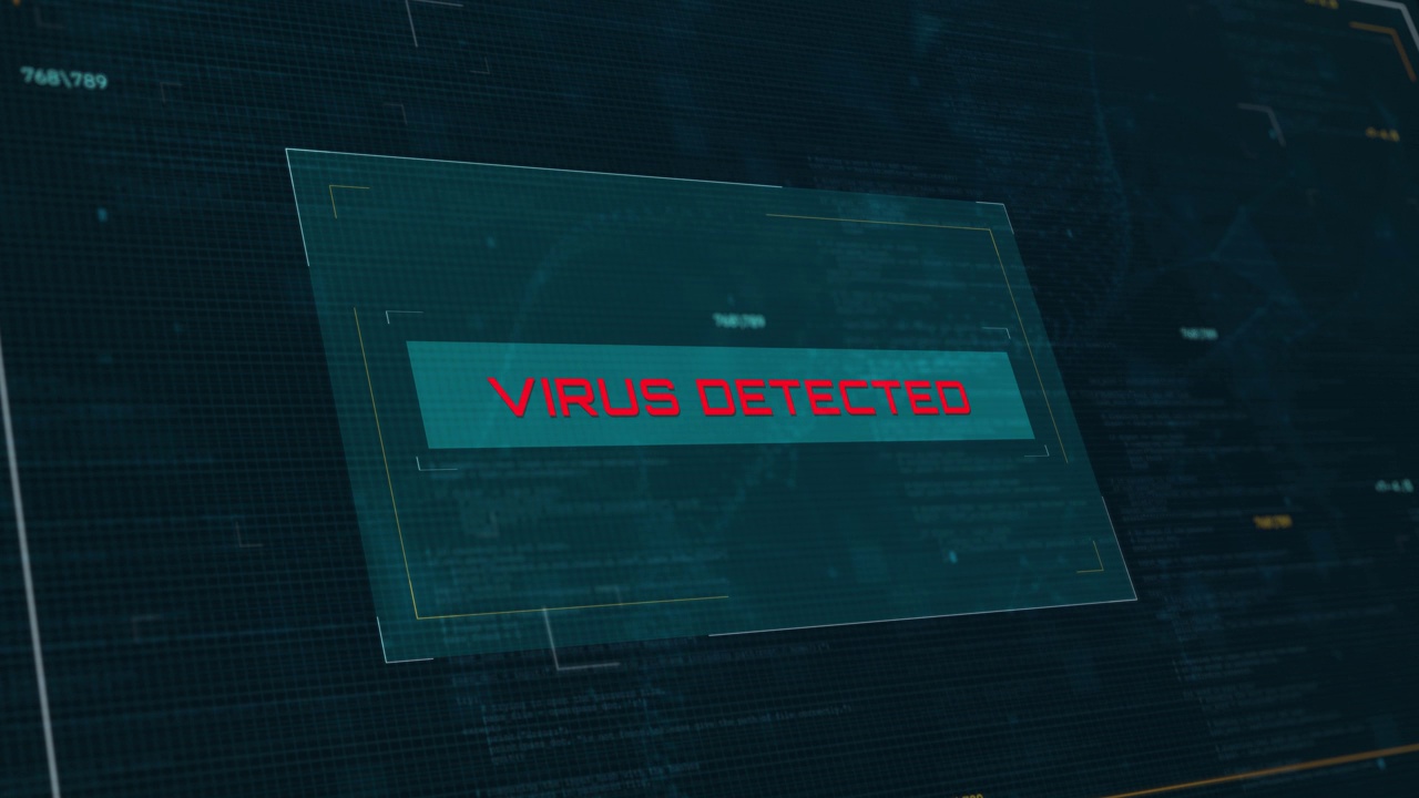 病毒检测警告:未来加载屏幕动画与计算机代码背景的网络安全视频素材