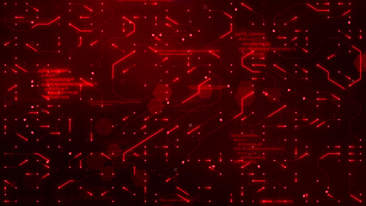 红色电路矩阵:未来科技动画与数字线，霓虹辉光，和人工智能的概念视频下载