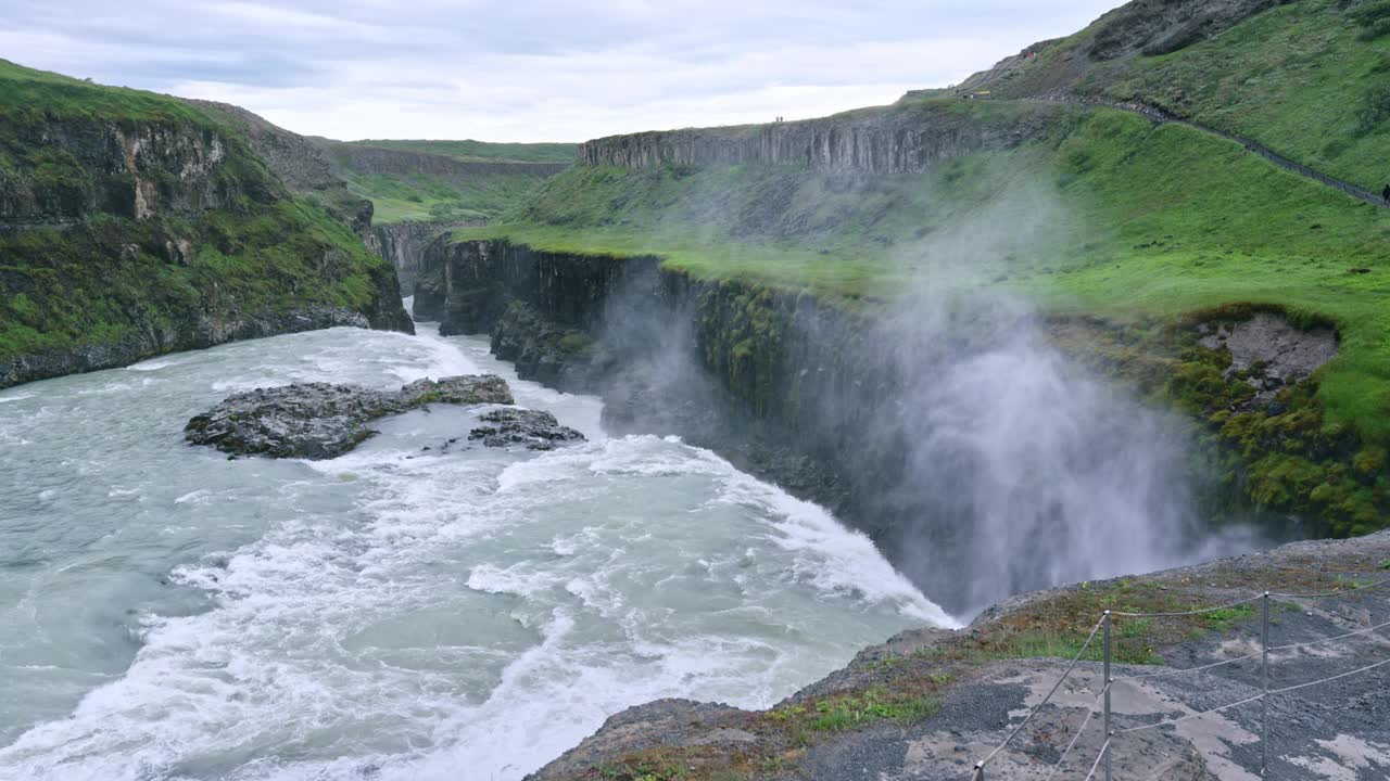 在冰岛的夏天，强大的瀑布从赫维塔河和喜怒无常的天空中流出视频下载