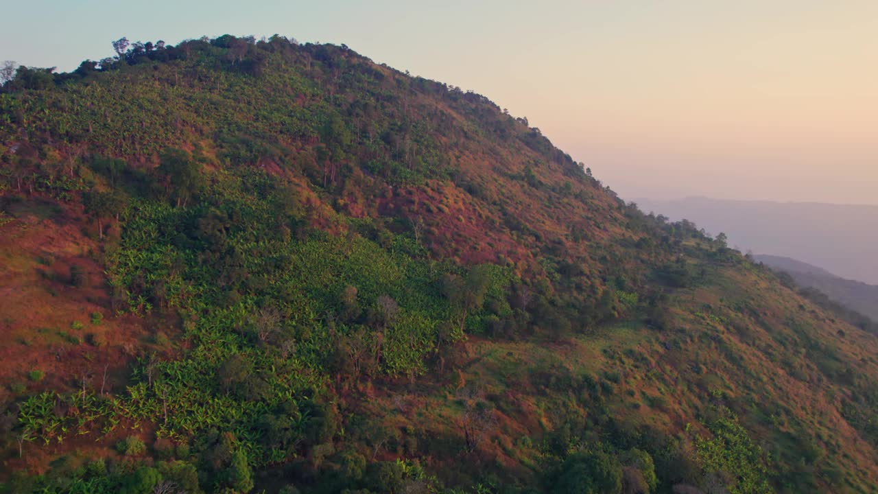 在富显荣克拉国家公园的富隆罗热带雨林中，五彩缤纷的日出越过山脉视频下载