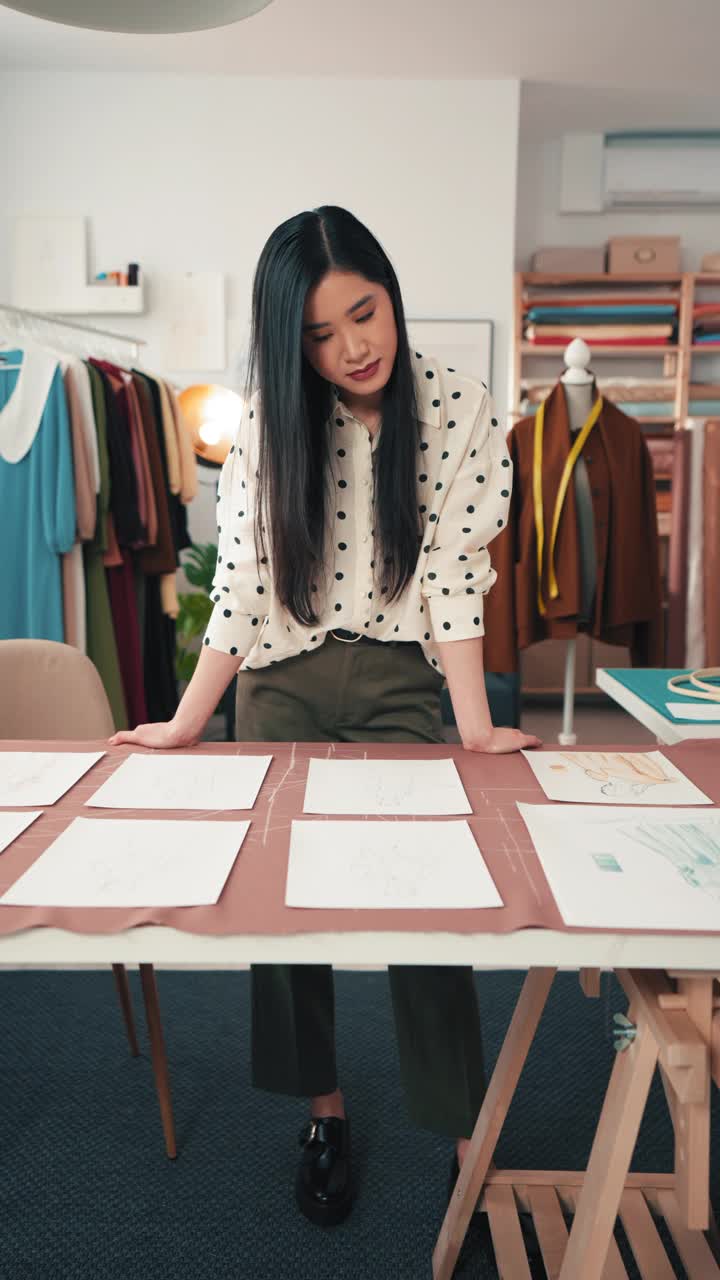 一位女性时尚企业家利用季节性草图设计服装系列。视频下载