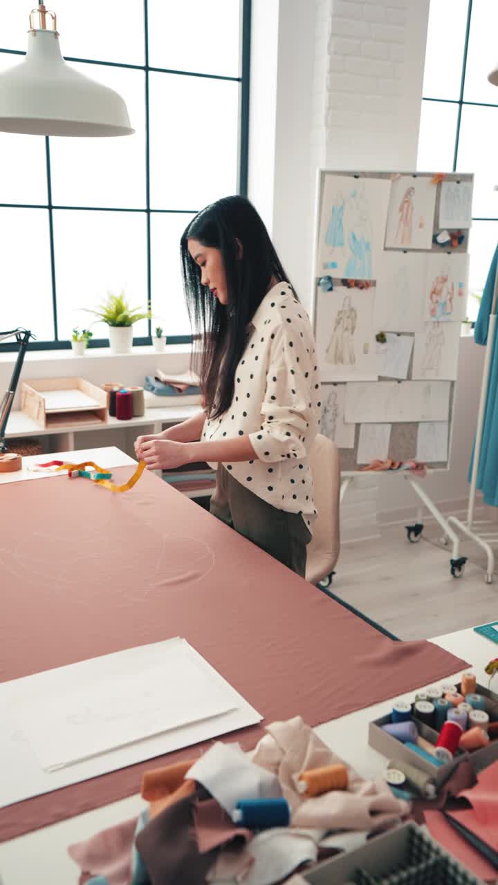 一位女性服装工匠为手工制作的服装设计测量面料。视频下载