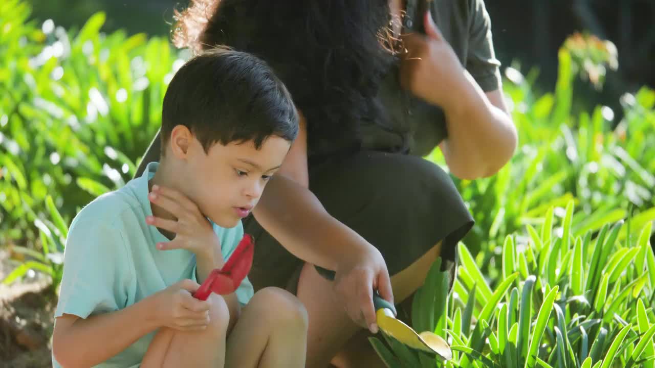 父母带着患有唐氏综合症的儿子在花园里种花视频下载