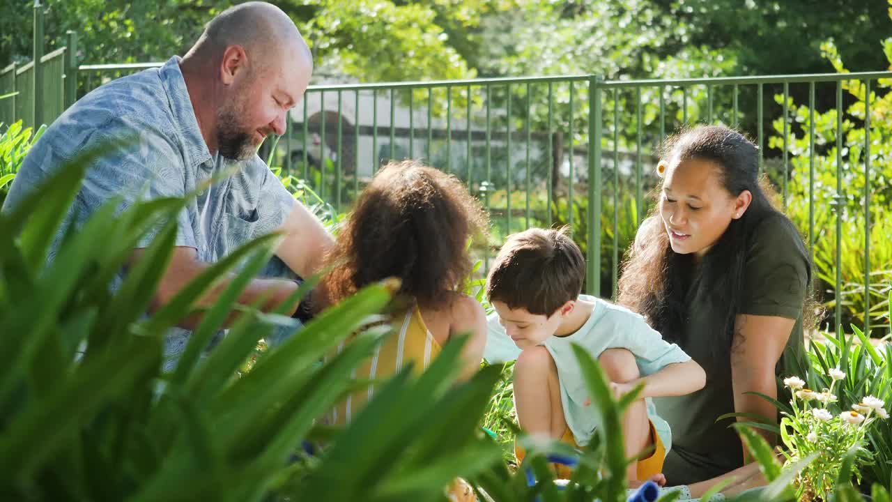 阳光明媚的日子里，父母带着孩子在园艺视频下载