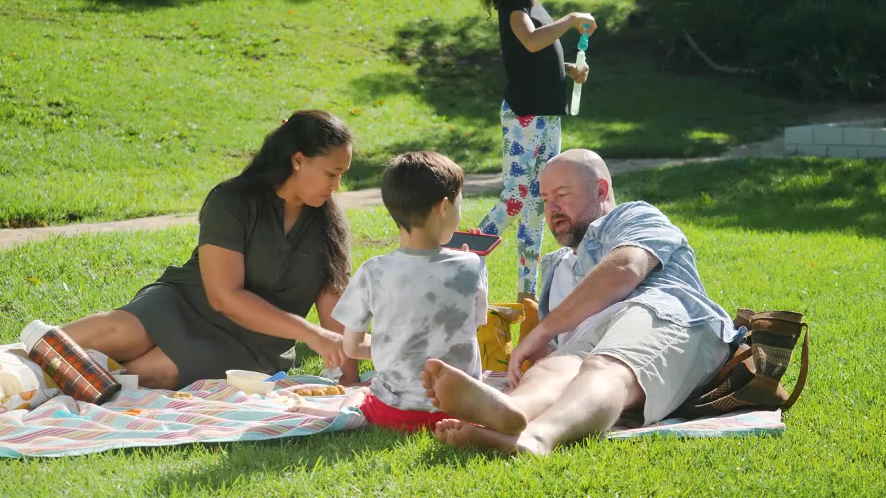 父母带着孩子在阳光明媚的日子里野餐视频下载