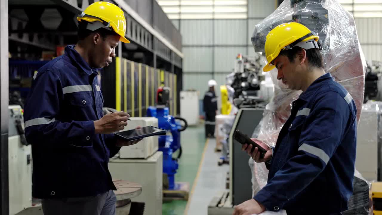 非裔美国工程师、白人技术员在焊接工厂用平板电脑检查机器人机械臂视频下载