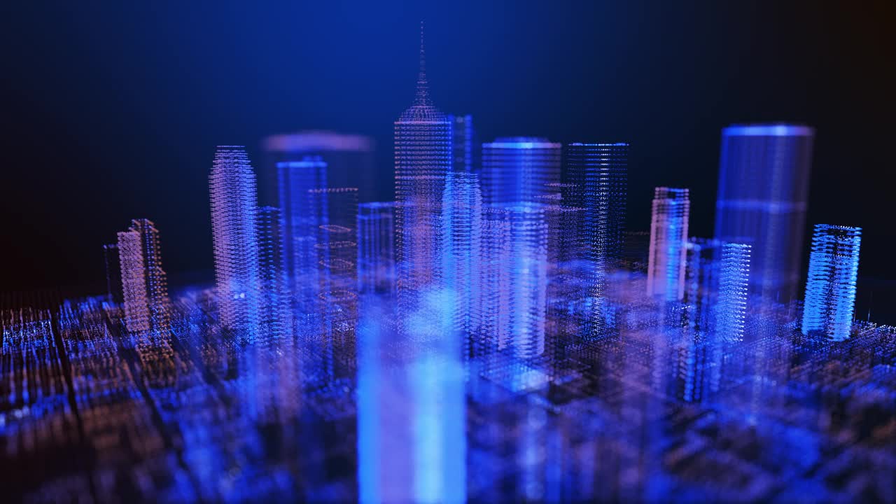 飞行在未来的数字城市，彩色建筑与粒子网络。技术与连接概念。视频下载