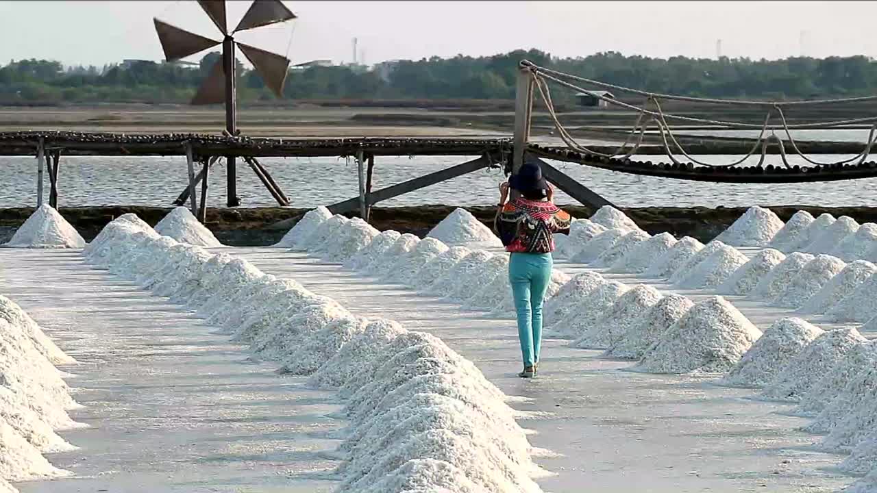 一名妇女走在一个多风的盐场收获的盐堆上，泰国沙穆府视频下载