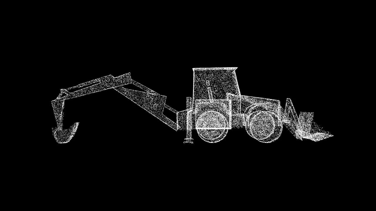 3D挖掘机在黑色背景上旋转。工程机械概念。带铲斗的拖拉机。商业广告背景。用于标题，文本，演示。3d动画60 FPS。视频下载