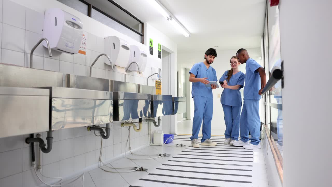 一群医科学生在手术室外聊天，一边看着平板电脑上病人的病历视频下载