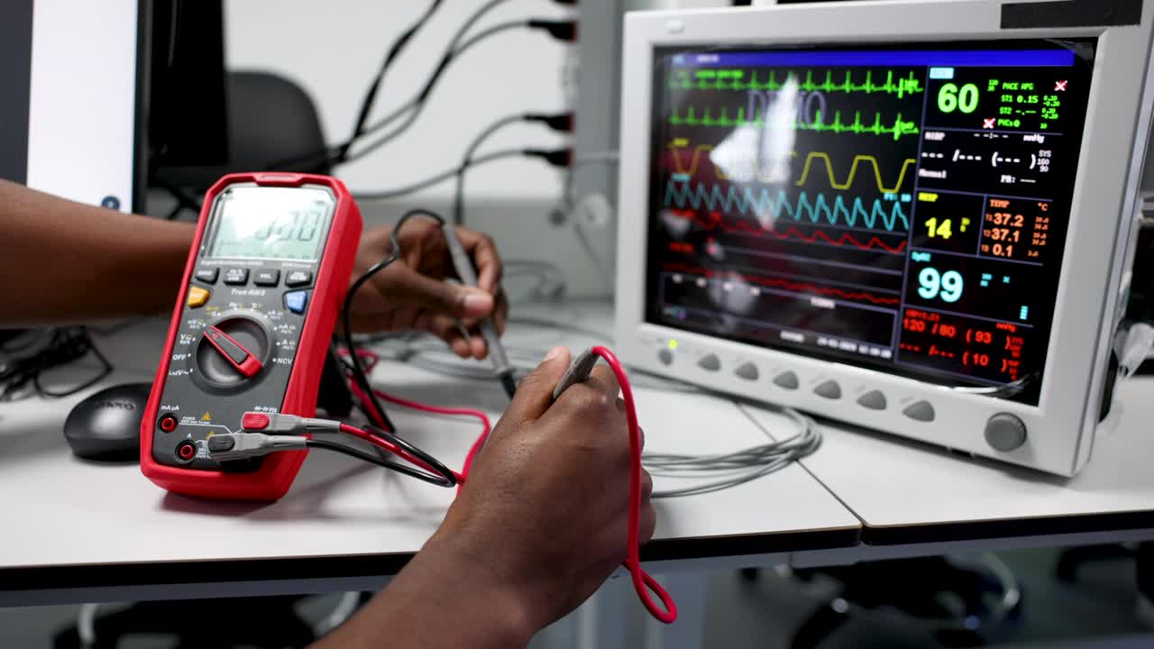 非裔美国电工使用万用表修理医疗设备视频下载