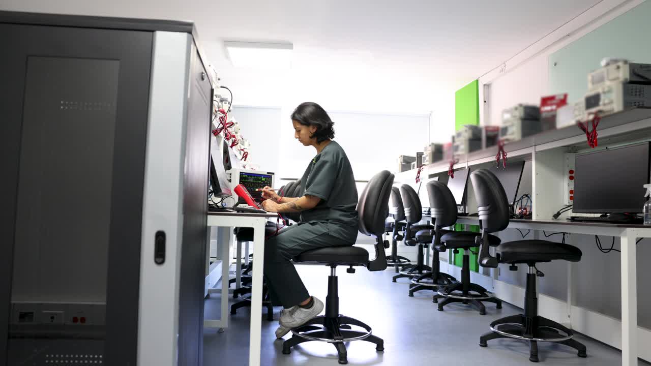 在医院工作的女技术员使用计算机和万用表检查医疗设备视频下载