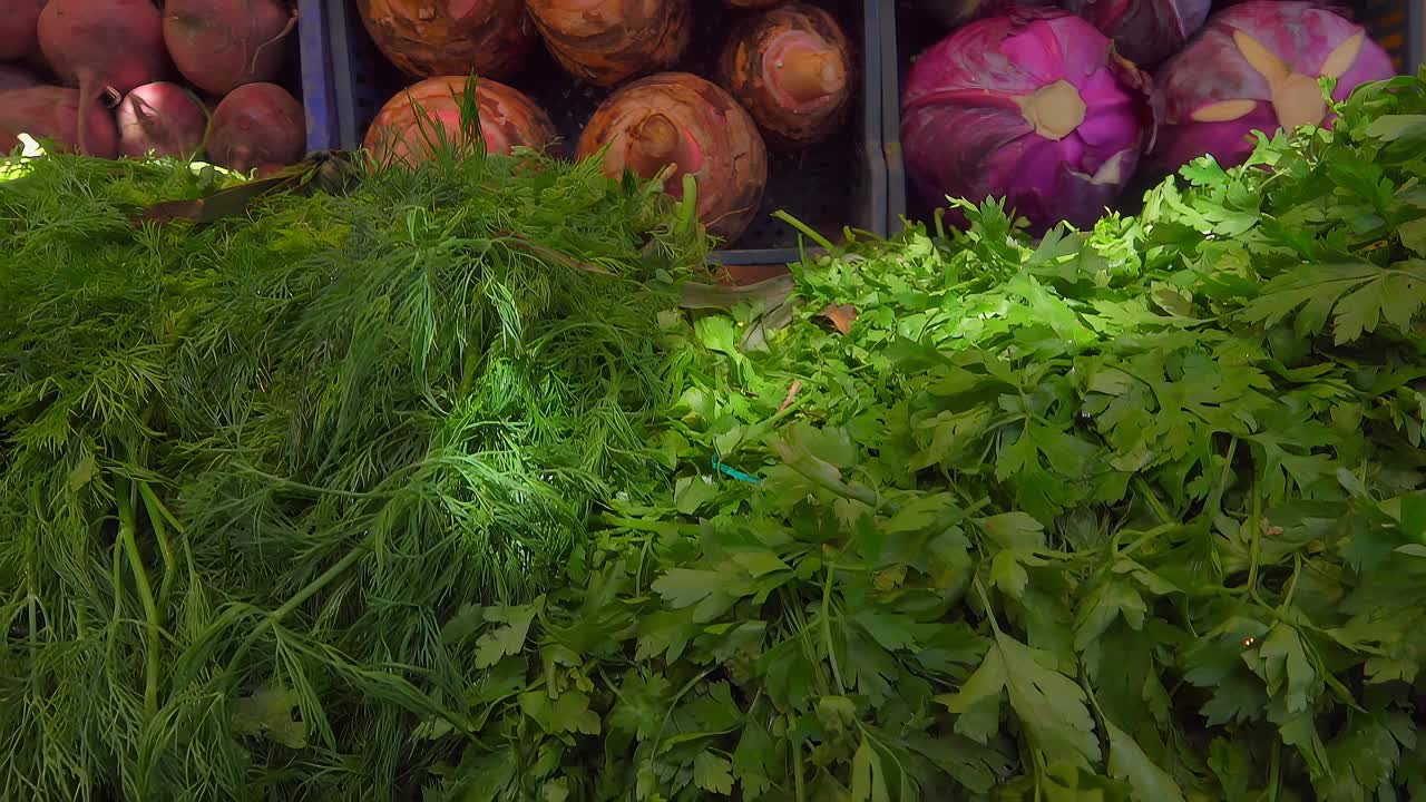 明亮多汁的新鲜蔬菜和蔬菜在一个美丽的腐烂陈列柜视频下载