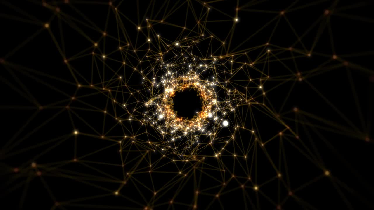 抽象的星星丛隧道在金色与圆形火花在屏幕的中间。运动。飞过闪闪发光的粒子旋转场。视频下载