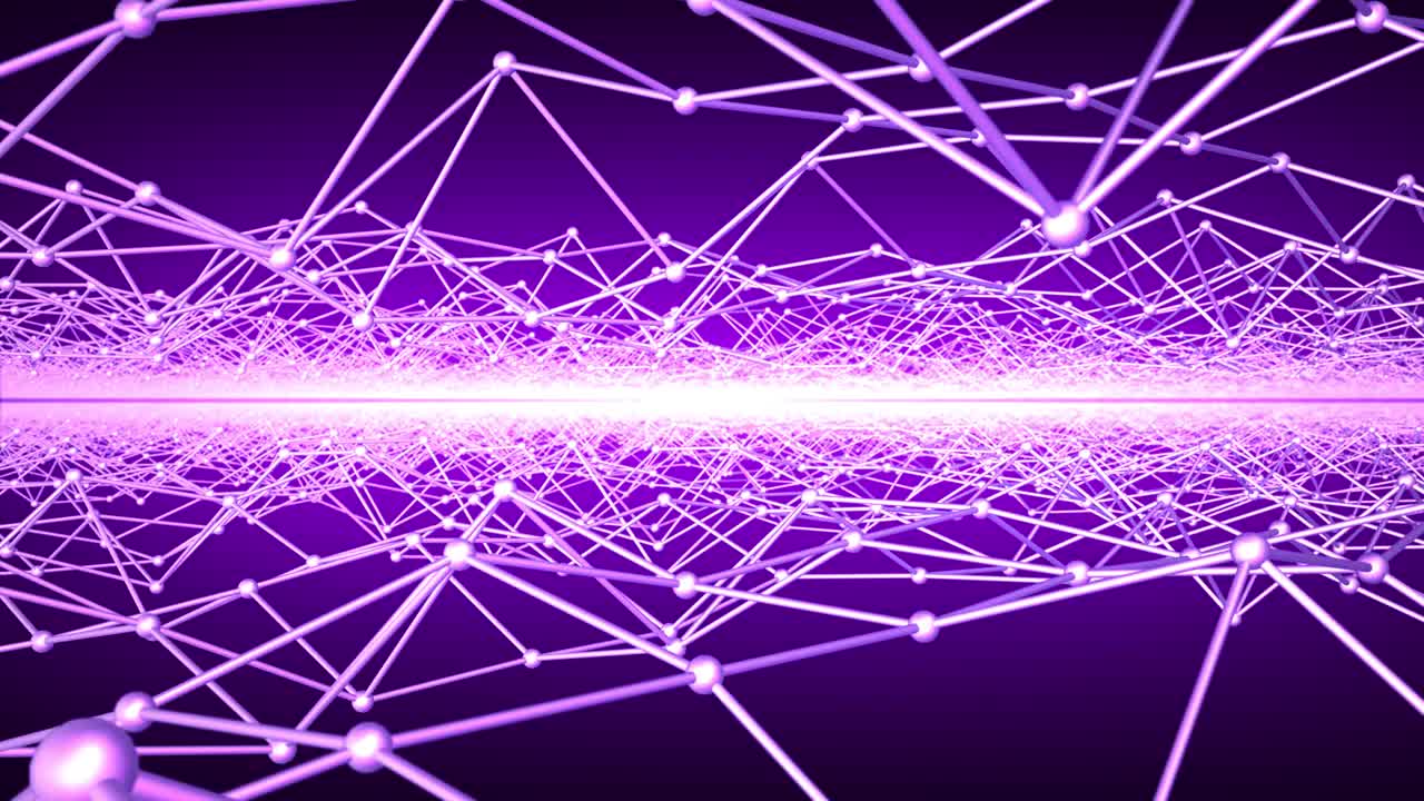 用移动的球体和线条飞过抽象的结构。分子和原子的三维插图。紫色背景为科学、医学、生物、化学和现代技术。4K, 30fps视频下载