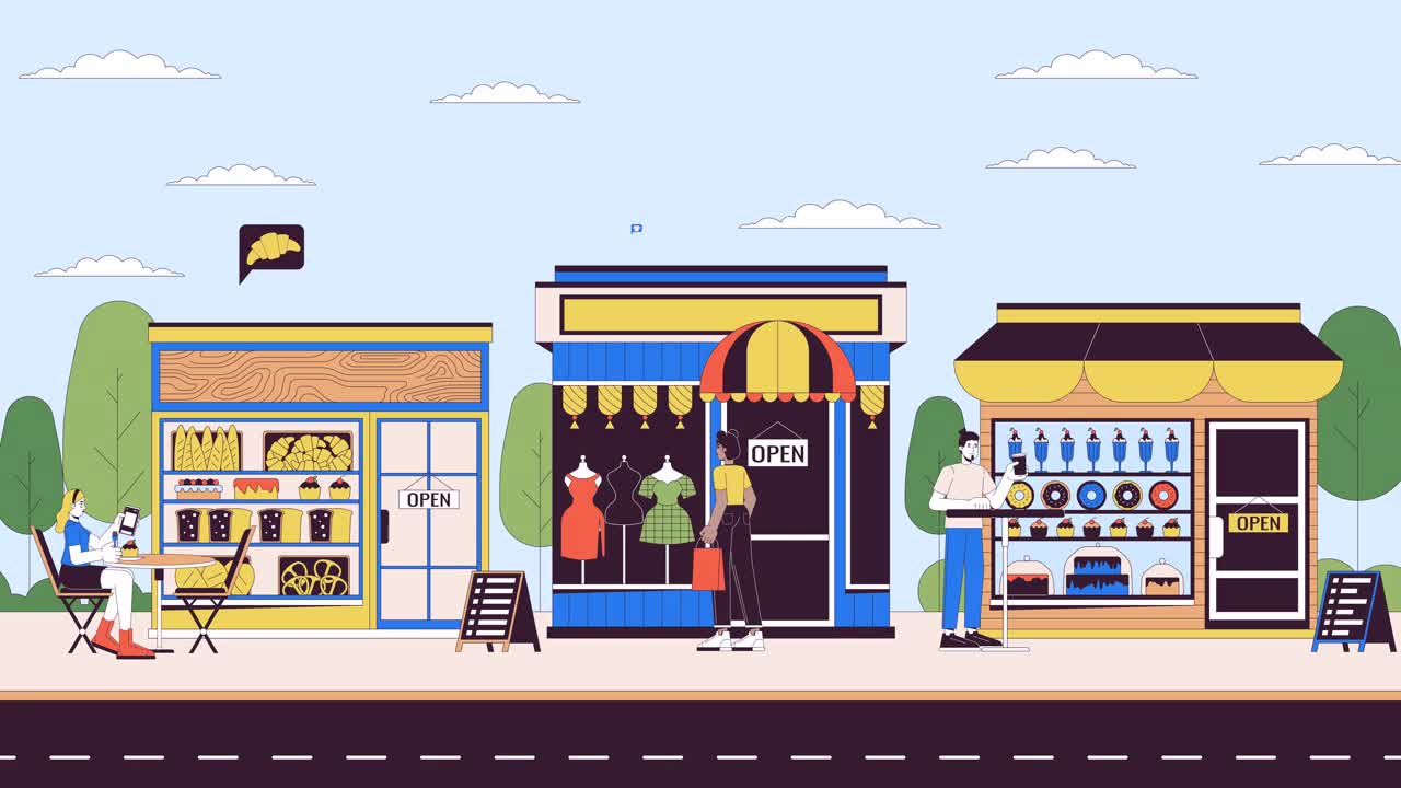 小商店吸引顾客排队2D动画视频下载