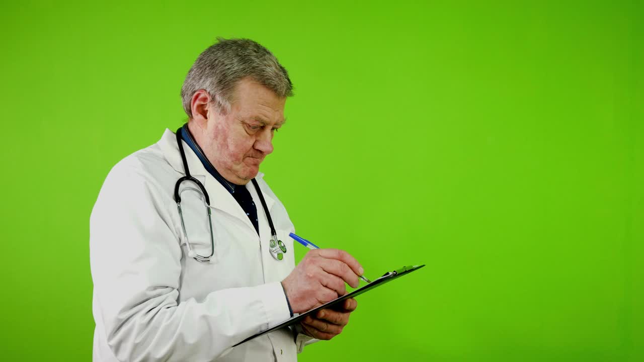 穿白大褂的资深医生用剪贴板在纸上写医疗报告。视频下载
