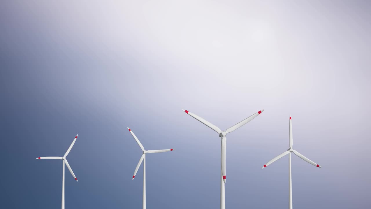 循环动画逼真的3d风力涡轮机农场在干净的蓝色复制空间背景。视频下载