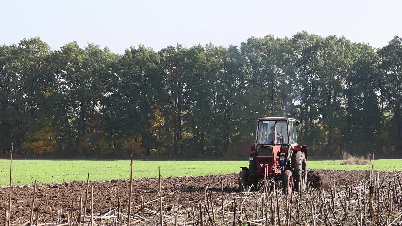 收获后，拖拉机用向日葵茎盘绕田地。视频下载