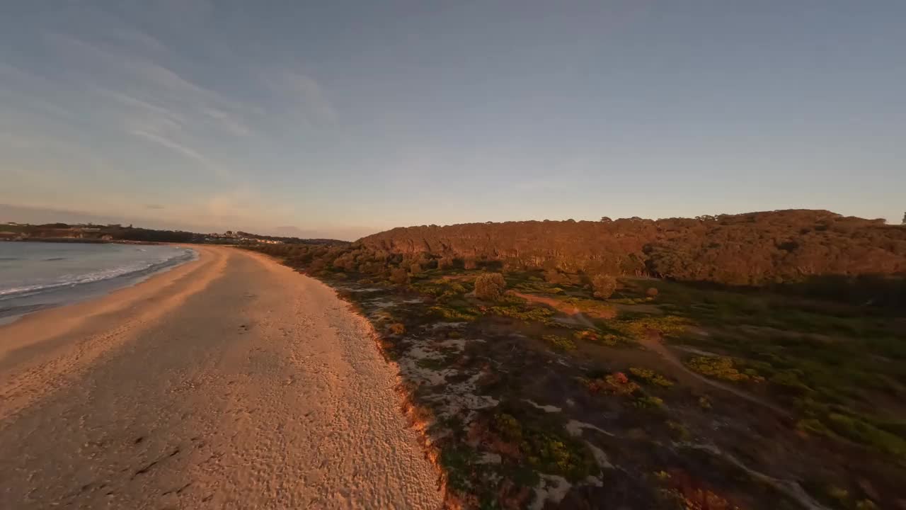 鸟瞰图飞越海滩沙丘植被在日出。视频下载