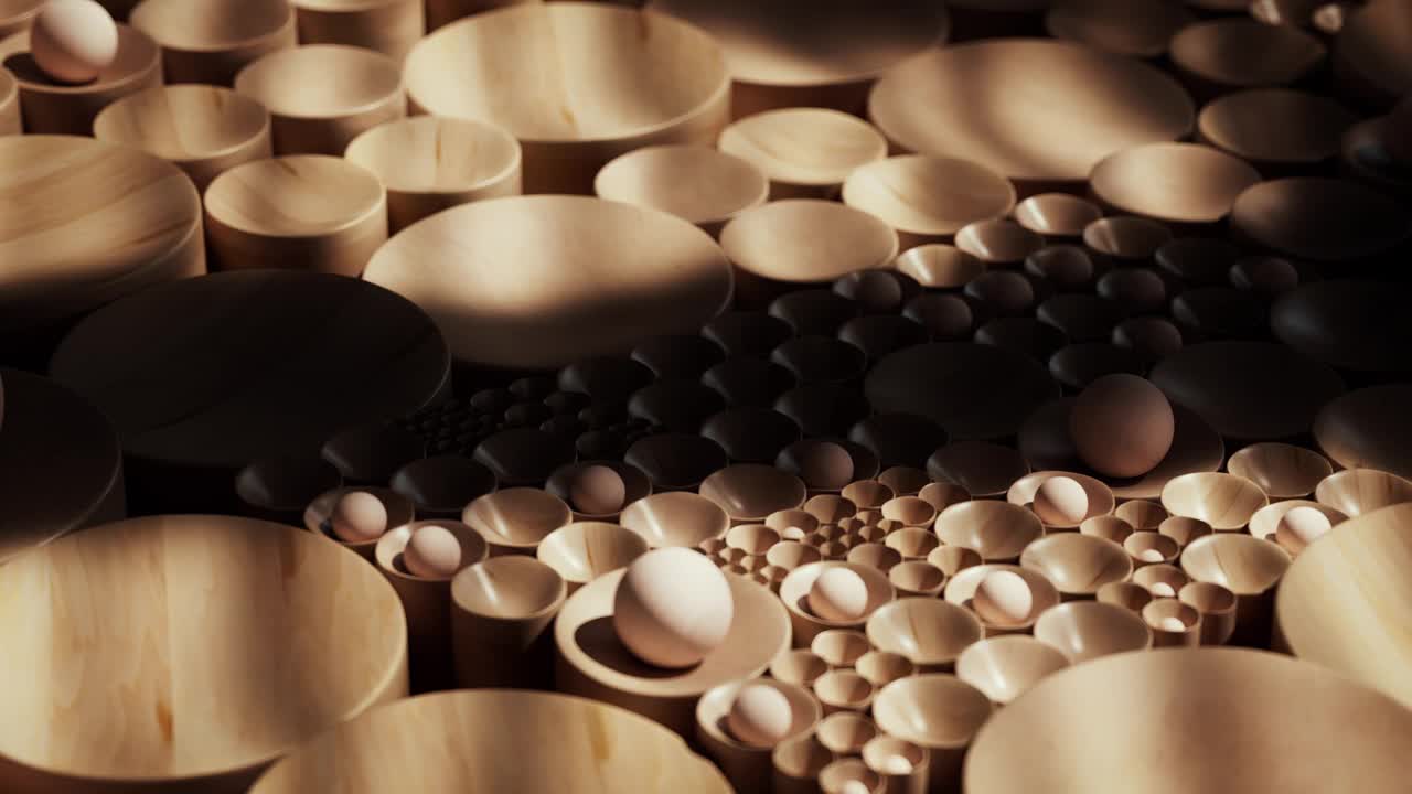 一个抽象的背景与木制球体和半球安排。视频下载