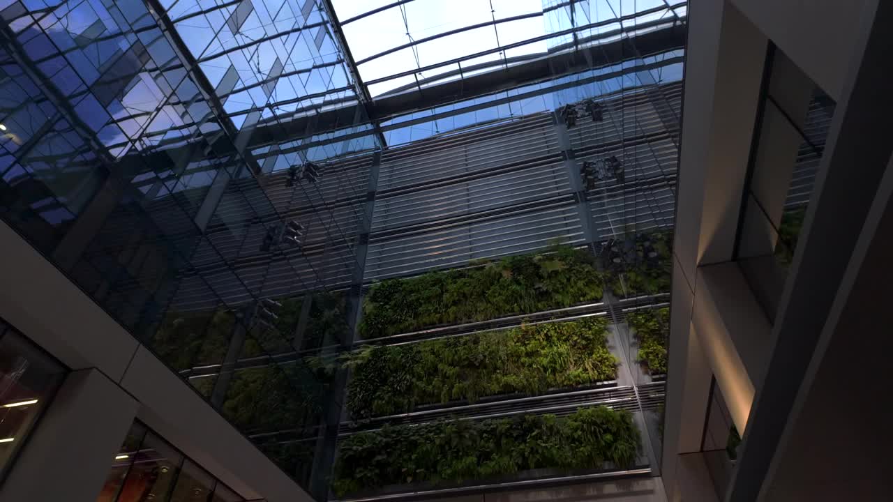 黄昏时分，新西兰奥克兰市中心一座现代办公大楼的玻璃屋顶视频下载