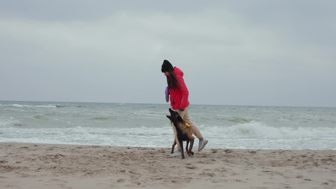一个女人带着她的狗在海边和拉着她的人玩视频下载