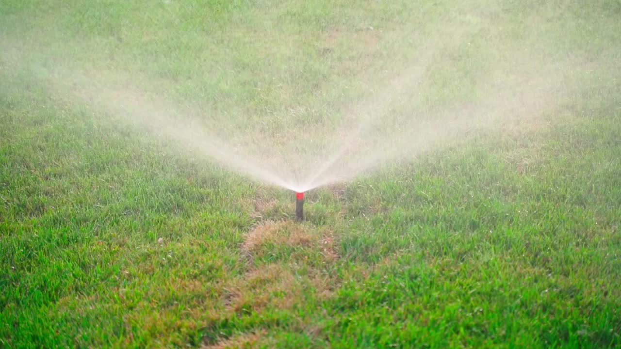 可收放式洒水器在浇灌草坪时由小水滴产生雾气视频素材