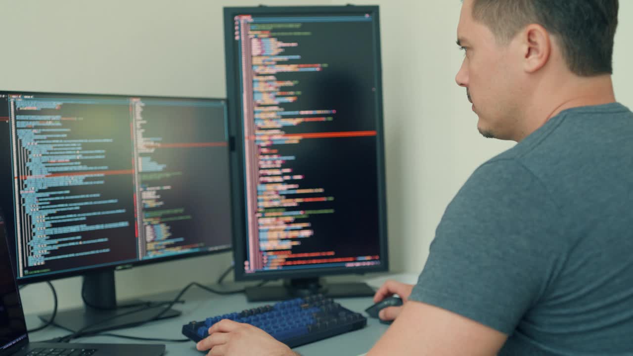 特写年轻的软件开发人员使用电脑编写代码，为人工智能技术开发应用程序，在办公桌上使用多屏幕在家办公。程序员开发。视频下载