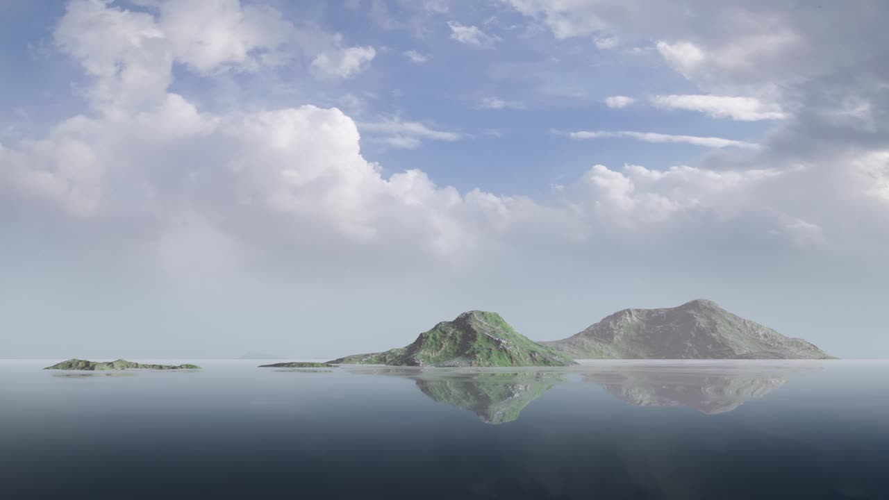 不明飞行物飞碟在清澈的海水中的绿色小岛上空飞行视频下载