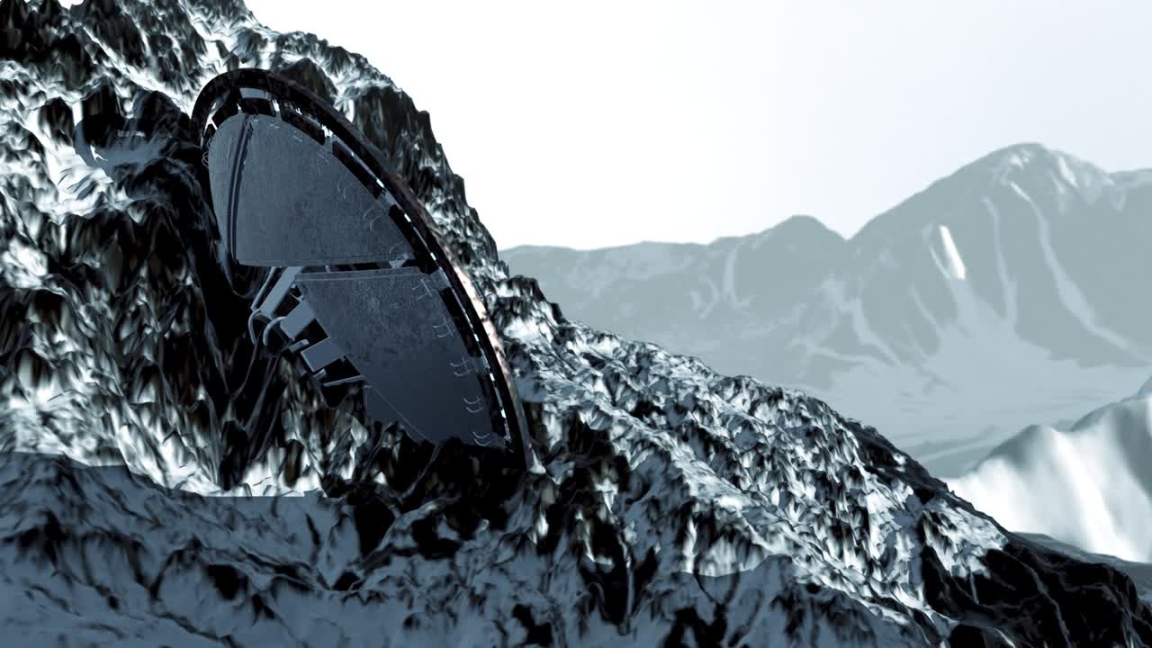 飞碟坠落在白雪皑皑的山顶上视频下载