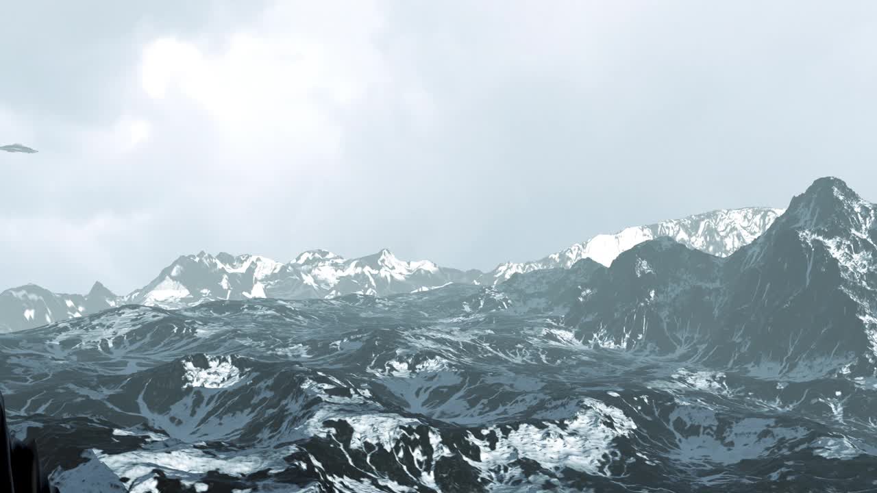 不明飞行物飞碟在白雪皑皑的山顶上高速飞行。视频下载