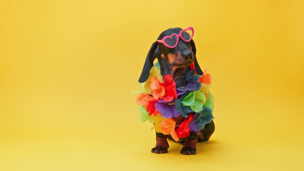 狗穿着鲜艳的衣服。雷，夏日配饰摆拍热带度假广告视频下载