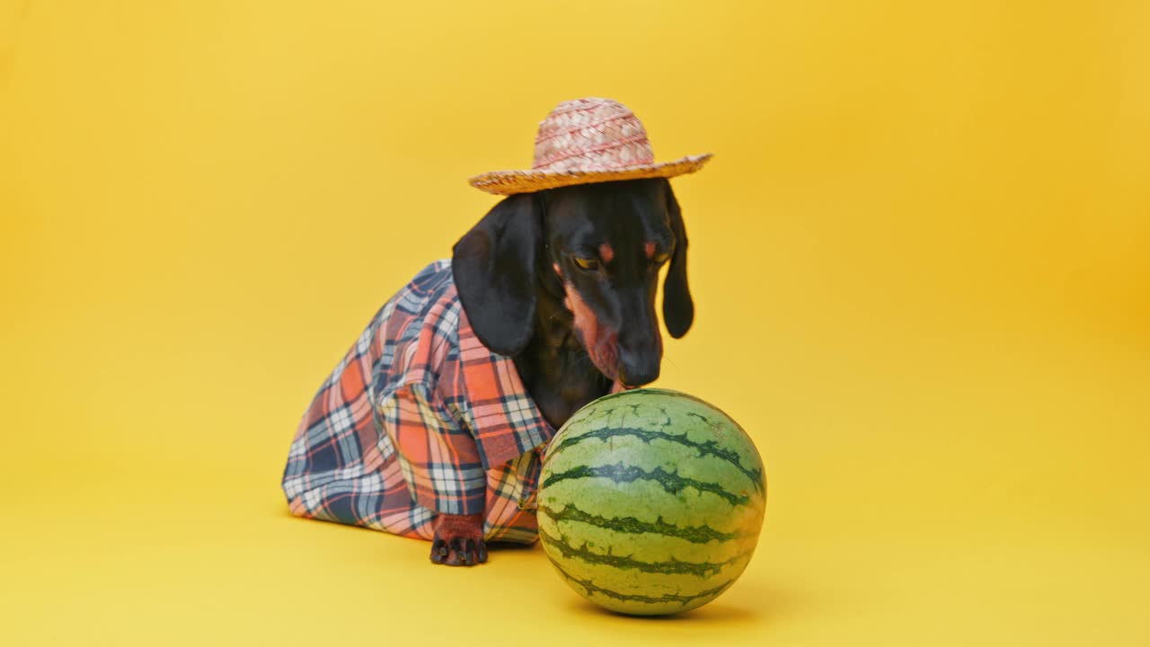 戴草帽的狗，农民衬衫，偷偷舔西瓜，品尝村庄的收成视频下载