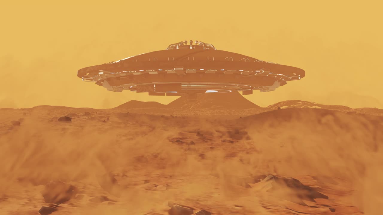 大型外星宇宙飞船从火星景观与沙尘暴起飞视频下载