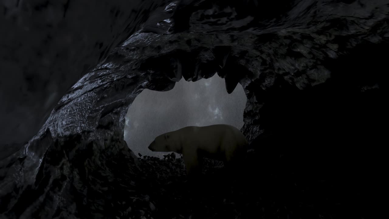 北极熊站在黑暗的洞穴里，外面是暴风雨视频下载