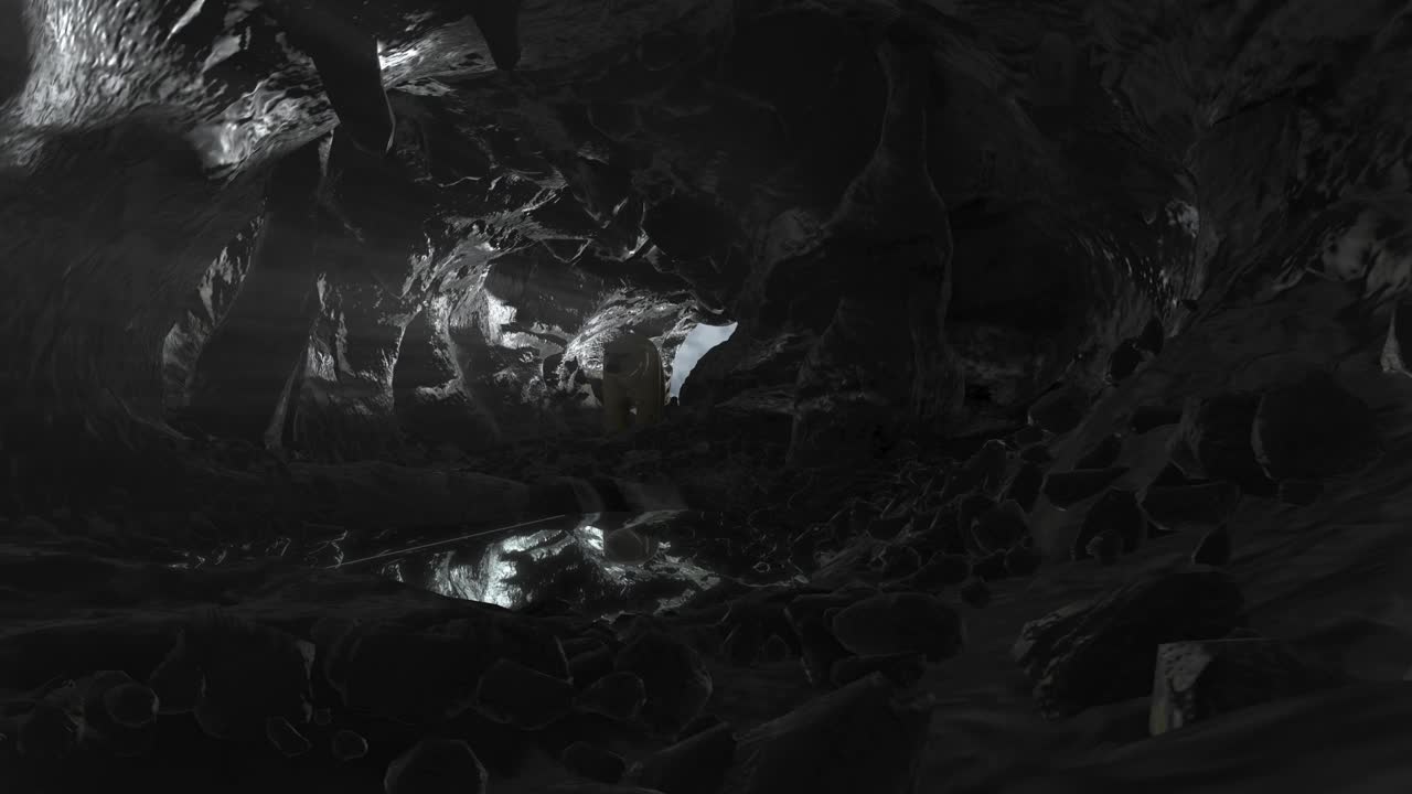 北极熊在靠近小池塘的黑暗洞穴里嗅来嗅去视频下载