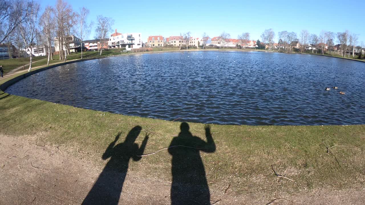 的影子。两个人影在湖边挥手。视频下载