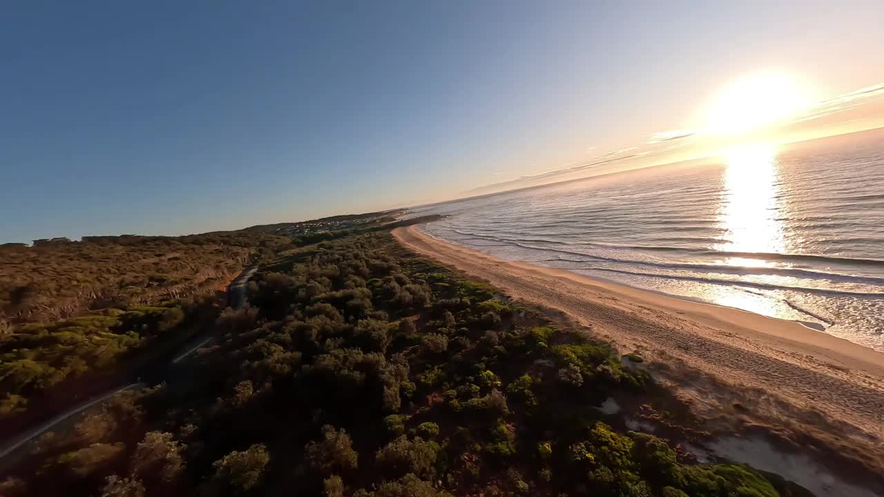 日出时海滩灌木丛的鸟瞰图。可以看到情侣们沿着海滩散步。视频下载