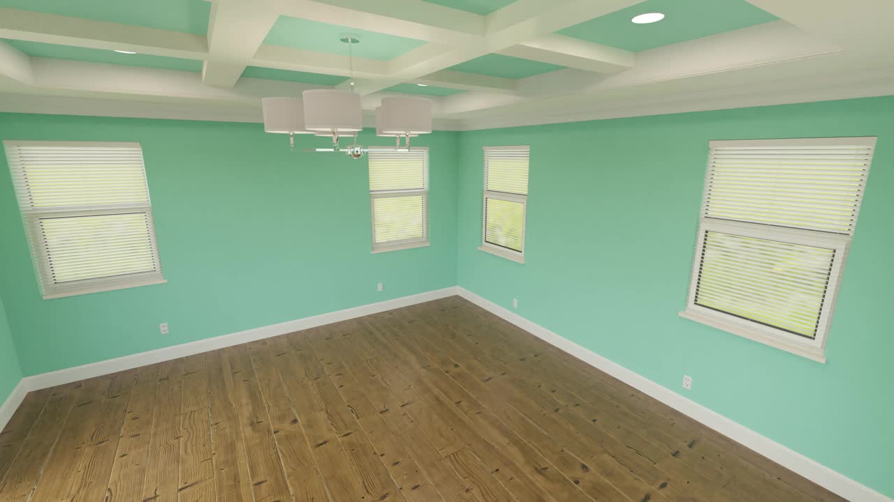 新鲜蓝绿色粉刷主卧室与格子天花板和新木地板。视频下载