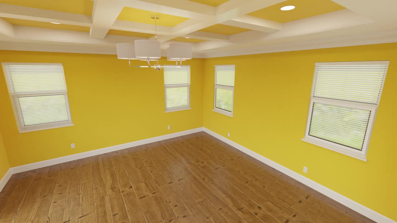 新漆大胆的黄色主卧室与格子天花板和新木地板。视频下载