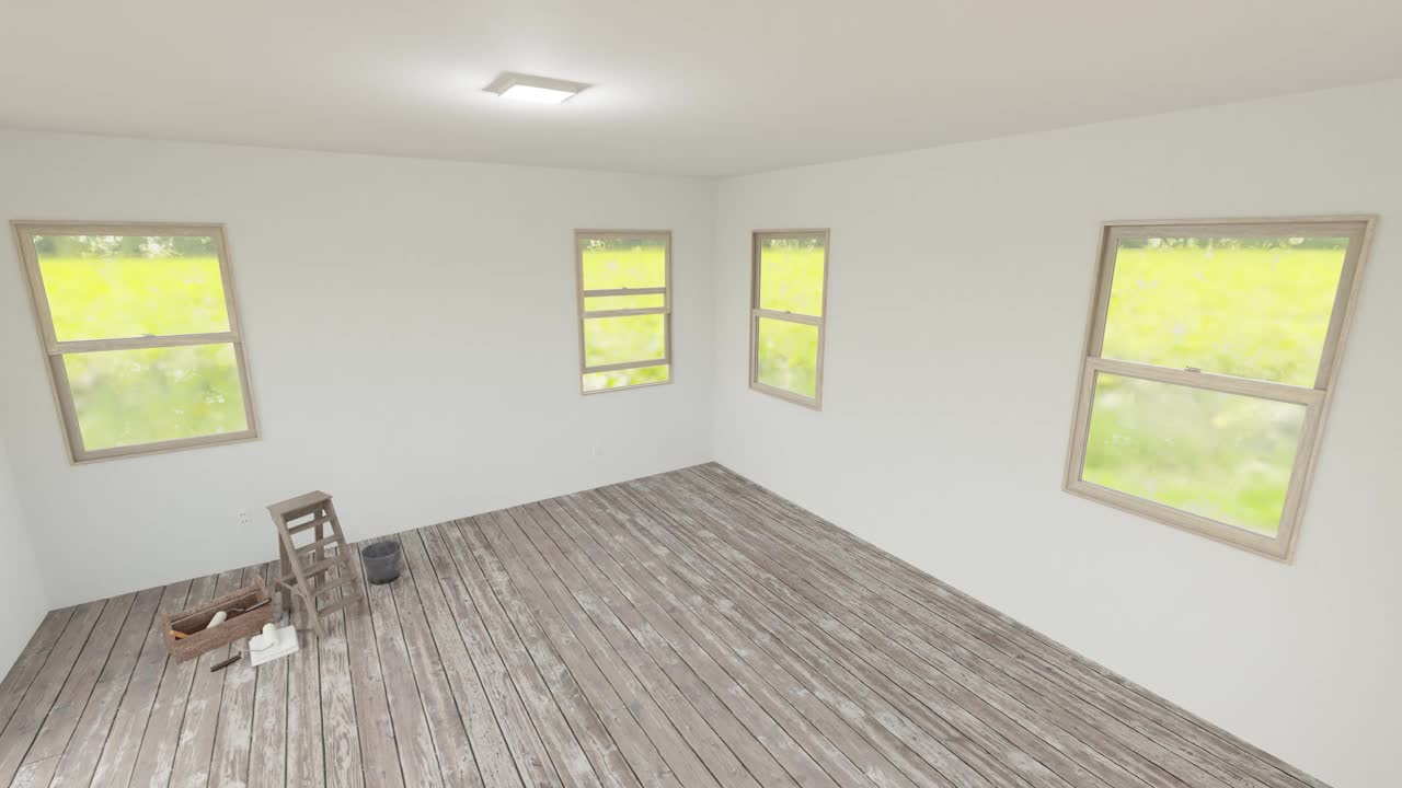 未完成的主卧室前后完全翻新，配有格子天花板和新鲜的丁香漆。视频下载