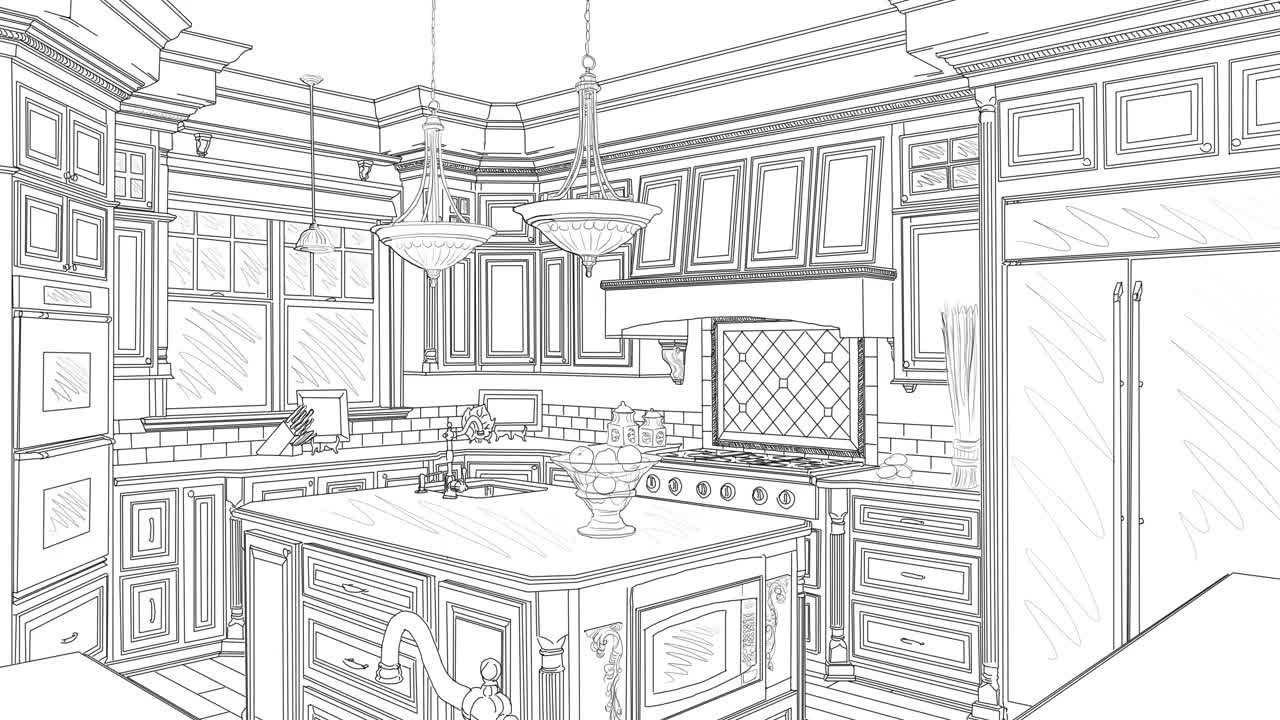 用手绘笔刷揭示厨房改造完成后的概念线条设计前后视频下载
