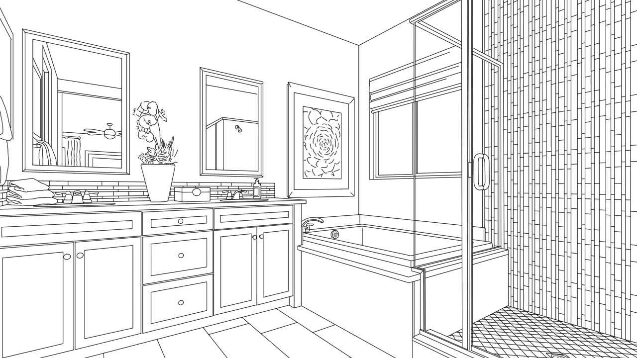 手用油漆滚筒揭示浴室改造成品的概念线条设计前后。视频下载